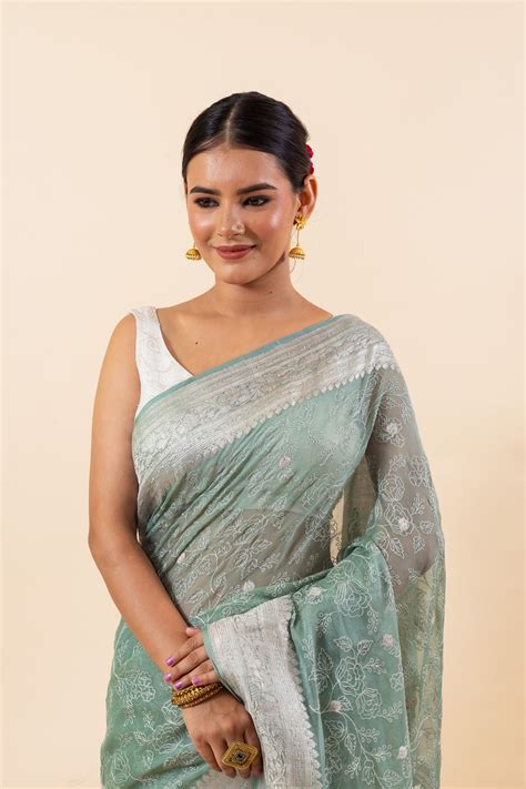 Algae Green Chiffon Saree Tabakashi