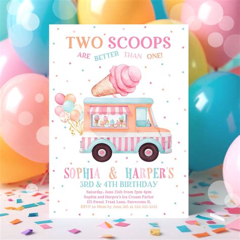 Editable Ice Cream Truck Twin Birthday Invitation Twin Ice Cream