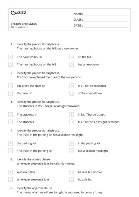 50 Phrases And Clauses Worksheets On Quizizz Free And Printable