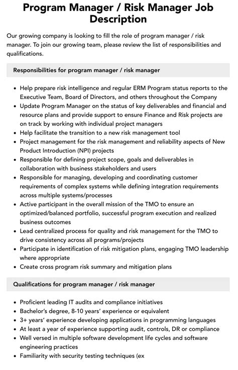 Program Manager Risk Manager Job Description Velvet Jobs