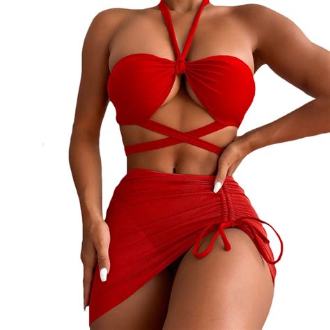 Aloohaidyvio Plus Size Swimwear Summer Womens Solid Color Swimsuit Three Piece Split Swimsuit