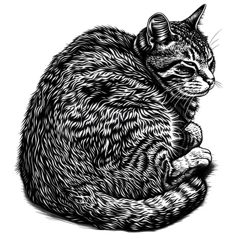 Cat Line Art Illustration With Vintage Engrave Style Isolared On