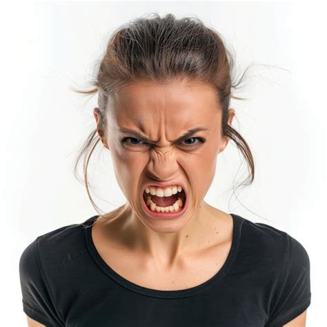 A Woman With Her Mouth Open And The Word Angry On The Front Premium