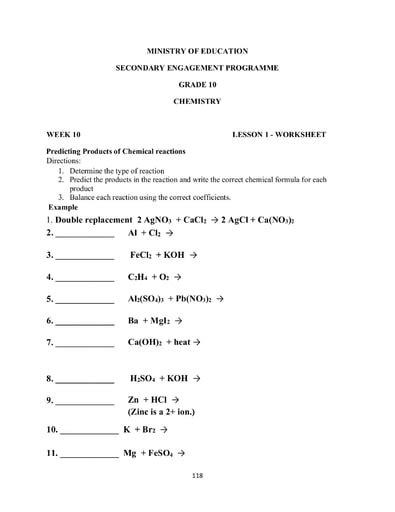 Grade 10 Chemistry Week 10 Lesson 1 Worksheet 1 And Solutions