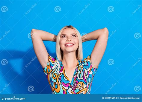 Photo Of Optimistic Woman With Bob Hairdo Dressed Print Blouse Look