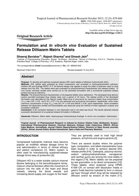 Pdf Formulation And In Vitro In Vivo Evaluation Of Sustained Release