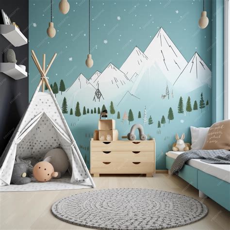 Premium Photo | A bedroom with a mountain mural on the wall