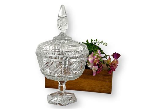 Vintage Clear Glass Pedestal Covered Comport Candy Dish Pressed Frosted Floral Design Compote