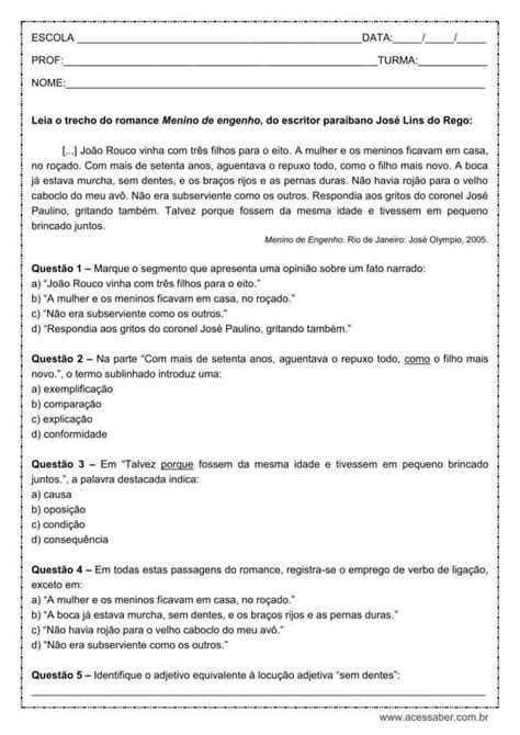 Interpretacao De Texto Romance 9o Ano Com Gabarito Images