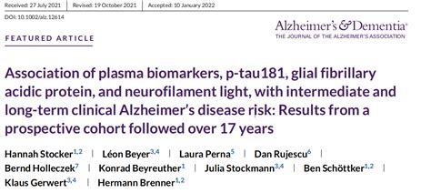 文献解读┃血浆生物标志物 P Tau181、gfap和nfl与中长期临床阿尔茨海默病风险的关联：来自前瞻性队列随访17年的结果 海默医学