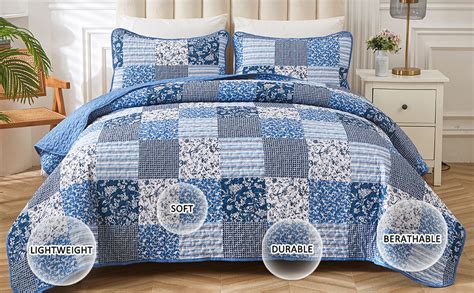 Amazon Mybedsoul Blue Boho Quilt Set King Size 3 Pieces Plaid