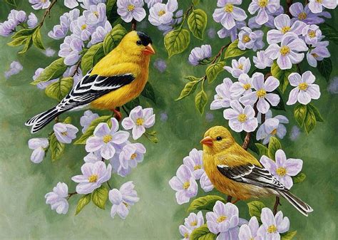 Goldfinches In Spring Artwork Songbirds Birds Painting Blossoms