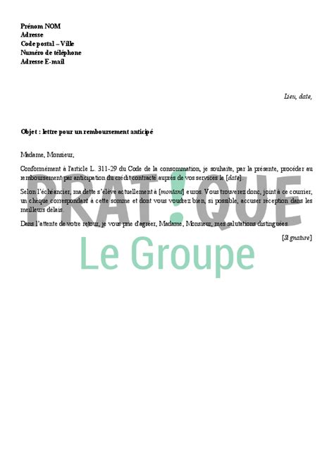 Lettre Pour Un Remboursement Anticipé Dun Crédit Pratique Fr