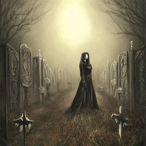 A Painting Of A Woman Standing In A Graveyard An Stable Diffusion