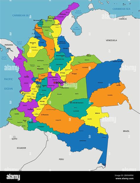 Mapa político colorido de Colombia con capas claramente etiquetadas y