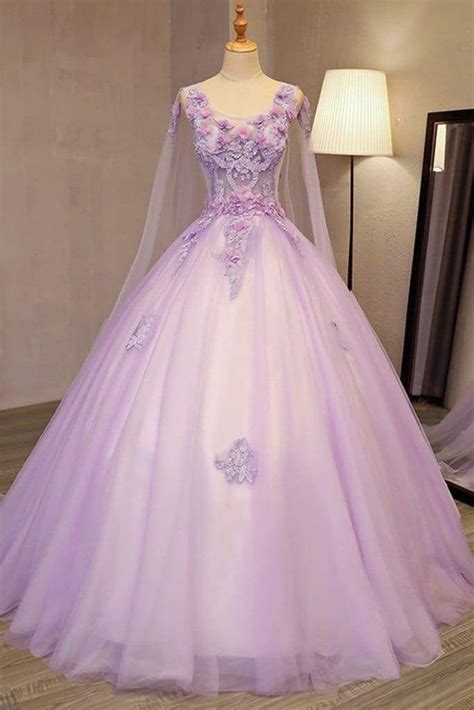 Unique Lilac Tulle Long Ball Gown Evening Dress With Flowers Puffy