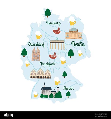 Hand drawn illustrated map of Germany with rivers and cities. Some ...