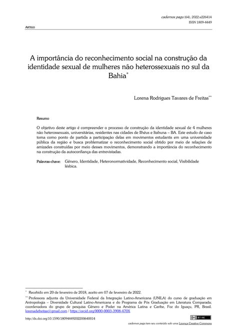 Pdf A Importância Do Reconhecimento Social Na Construção Da Identidade Sexual De Mulheres Não