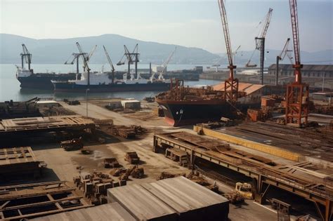 Astillero con vista de grúas y barcos en varias etapas de construcción