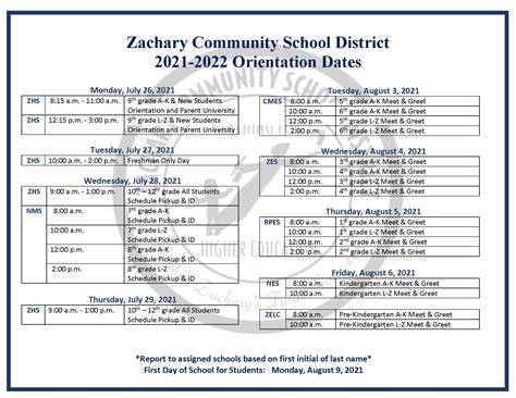 20212022 Orientation Dates Zachary Community School District