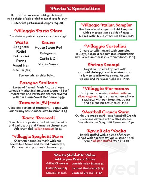 Villaggio Italiano menu in Silver Creek, New York, USA