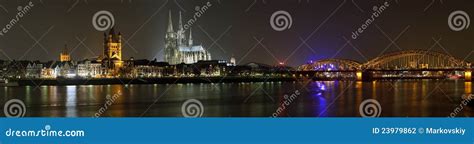 Night Panorama of Cologne from the Rhine River Stock Photo - Image of ...