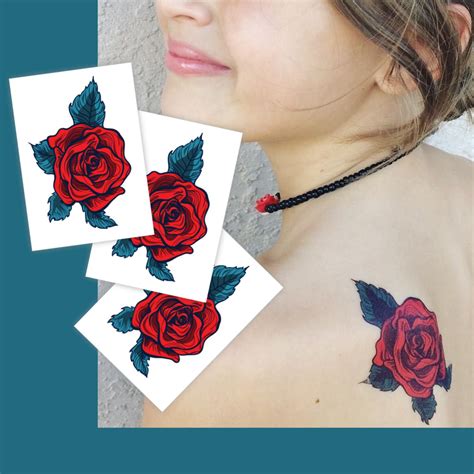 Red Rose Temporary Tattoos Set Of 3 Comics Style Red Rose Etsy