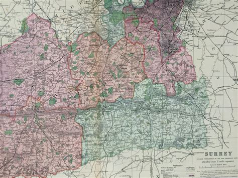 1896 Surrey Large Original Antique Map Showing Railways Stations Canals Crossroads Uk