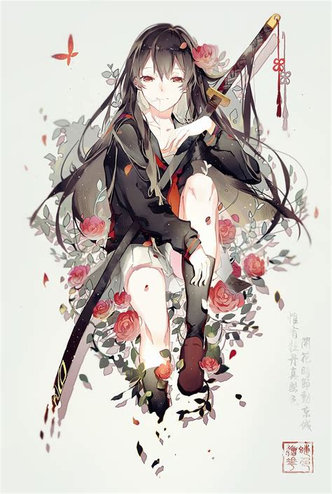 Hd Wallpaper Anime Girls Black Hair Red Eyes Flowers Rose Akame