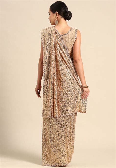 Buy Sequinned Georgette Scalloped Saree In Beige Online SPFA13902