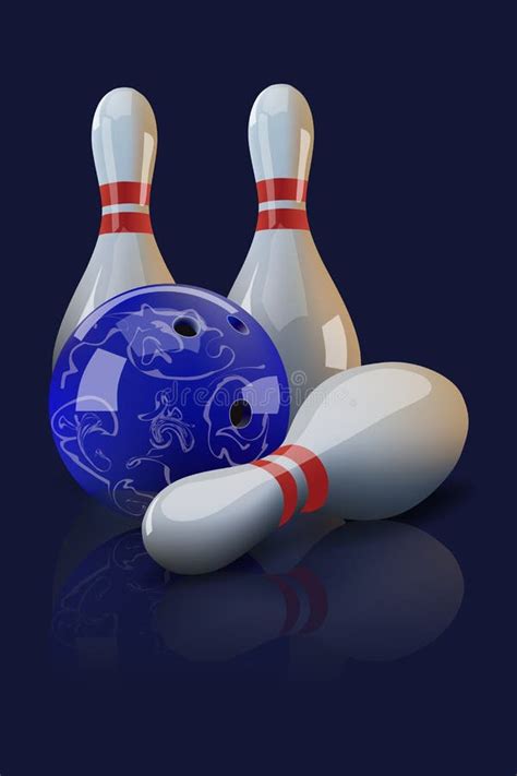 Vector Realistic Bowling Ball And Three Pins With Mirror Reflection