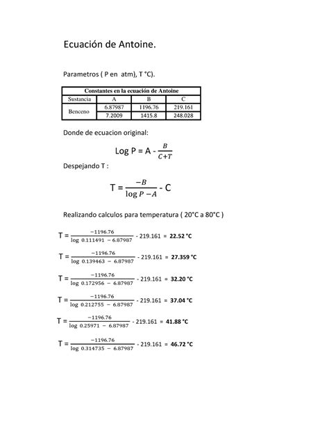 Ecuación De Antonie Para Obtener Las Temperaturas Del Benceno Ejemplo