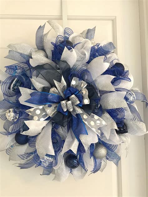 Blue Silver Wreath Big Bow Blue Bow Ornaments Wreath Etsy Holiday