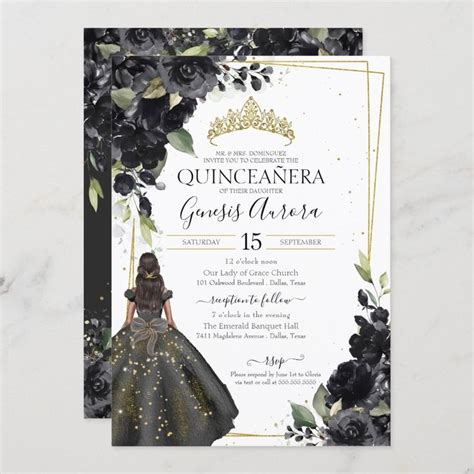 Black Floral Gold Accent Elegant Quinceanera Invitation Zazzle