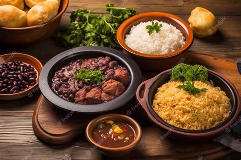 Feijoada E Acompanhamentos Como Mandioca Arroz Feijão Farofa Temperos E