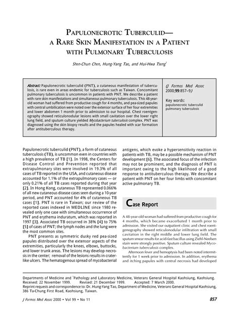 Pdf Papulonecrotic Tuberculid A Rare Skin Manifestation In A