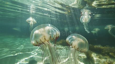 Serene Underwater Jellyfish Ballet In Sunlit Ocean Depths Stock Image