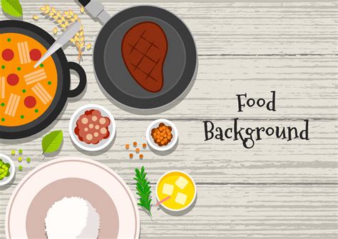 Food vector illustration. Background of food dishes. Food on a wooden ...