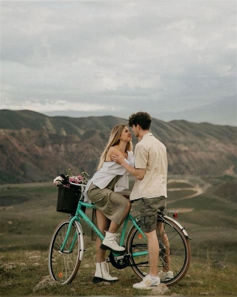 Couple Riding Blue Bike Friend Poses Photography