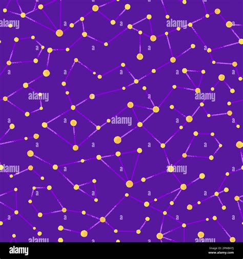 Vector Seamless Cosmic Pattern Of Yellow Constellations On Dark Purple