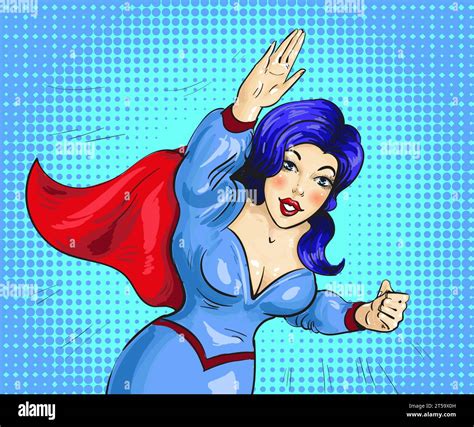 Vector Illustration Of Flying Up Superwoman Beautiful Girl In