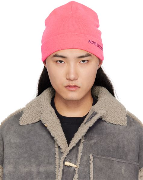 Acne Studios Pink Embroidered Logo Beanie SSENSE