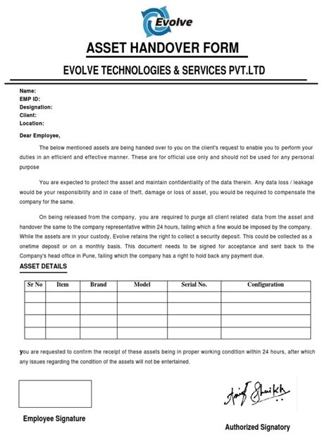 Asset Handover Form Pdf