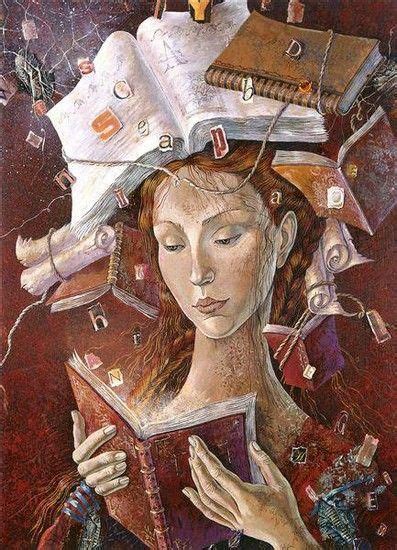 A Painting Of A Woman Holding A Book With Many Books On Top Of Her Head