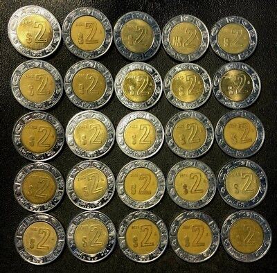 Old Mexico Coin Lot - 2 PESOS - 25 Excellent Bi-Metal Coins - FREE ...