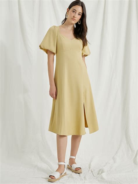 Sweetheart Neckline With Puffed Sleeve Dress Yellow Pomelo Fashion