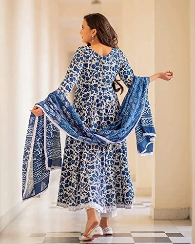 Buy MEERA FAB Women S Cotton Printed Blue Anarkali Kurta With Palazzo