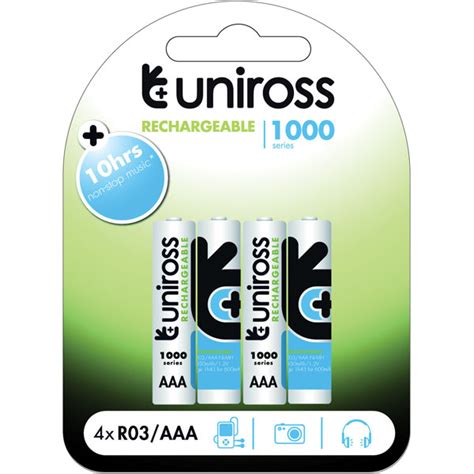 Uniross Aaa Batteries 1000mah Performance Rechargeable Nimh 4 Pack