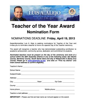 Fillable Online asmdc Teacher of the Year Award Fax Email Print - pdfFiller