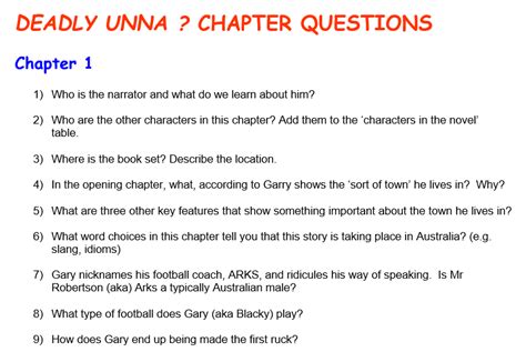 Deadly Unna: Chapter Questions | Teaching Resources